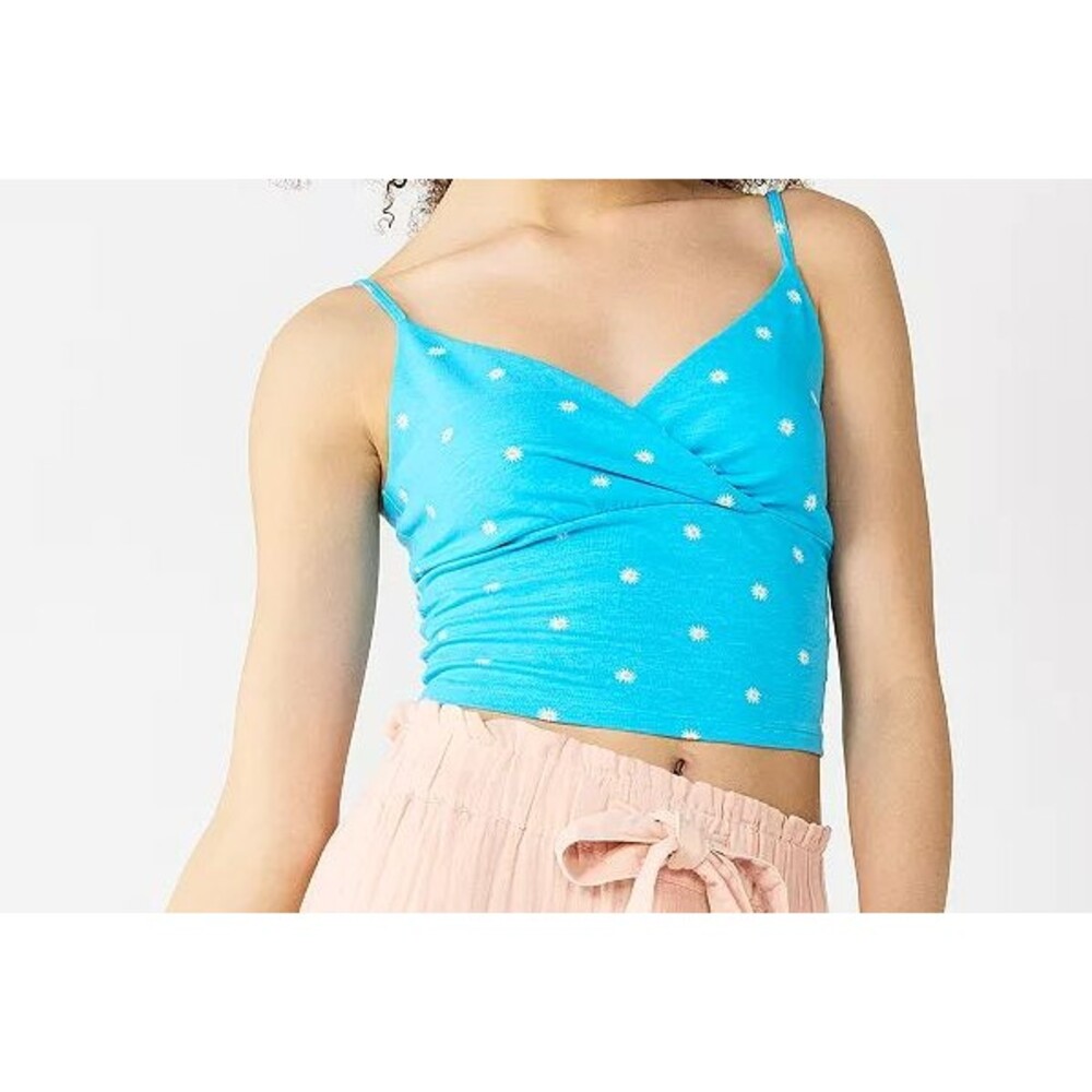Juniors Large Front Wrap Cami Blue floral SO V-neck Cinched front